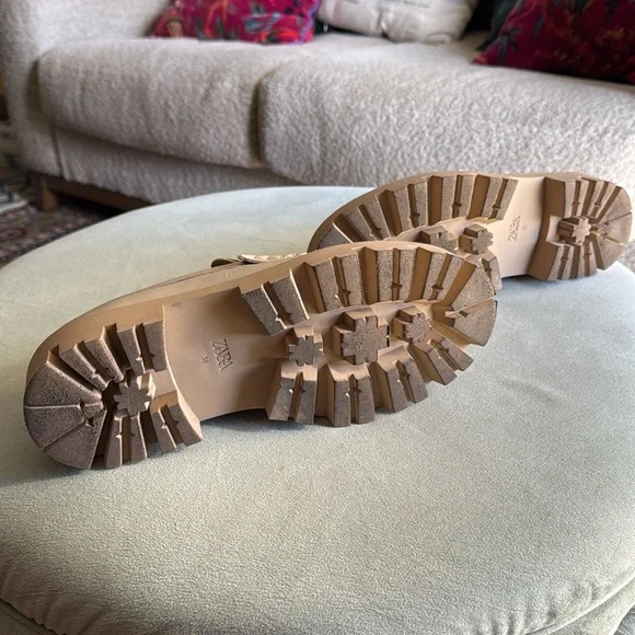 ZARA Beige Leather Gold Buckle Lug Sole Loafers Women - Picture 8 of 10